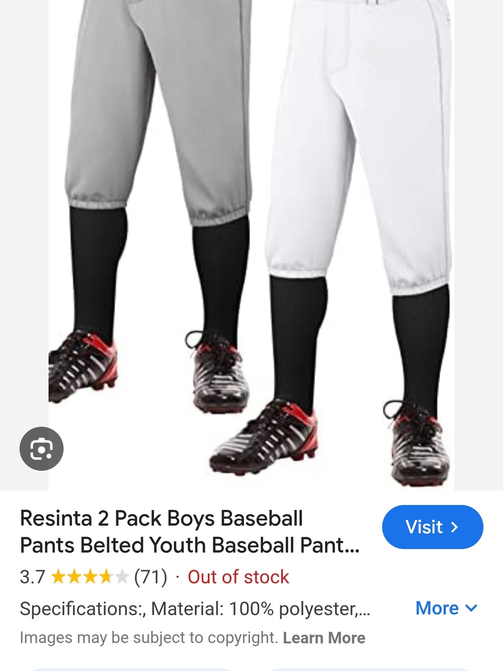 Boys Baseball Pants 2-Pack in Gray and White with Black Socks